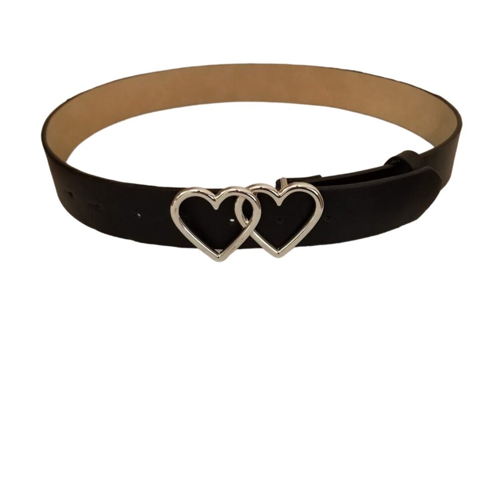 Double Heart Black Vegan Faux Leather Belt, Size S/M, Peg closure